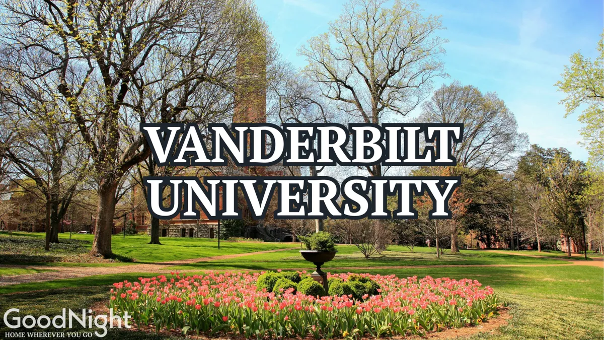 A bright, inviting exterior view of Vanderbilt University’s sign surrounded by colorful tulips, a sparkling fountain, and green lawns. The image highlights the campus’s welcoming atmosphere and connection to the area’s academic and historic heritage.