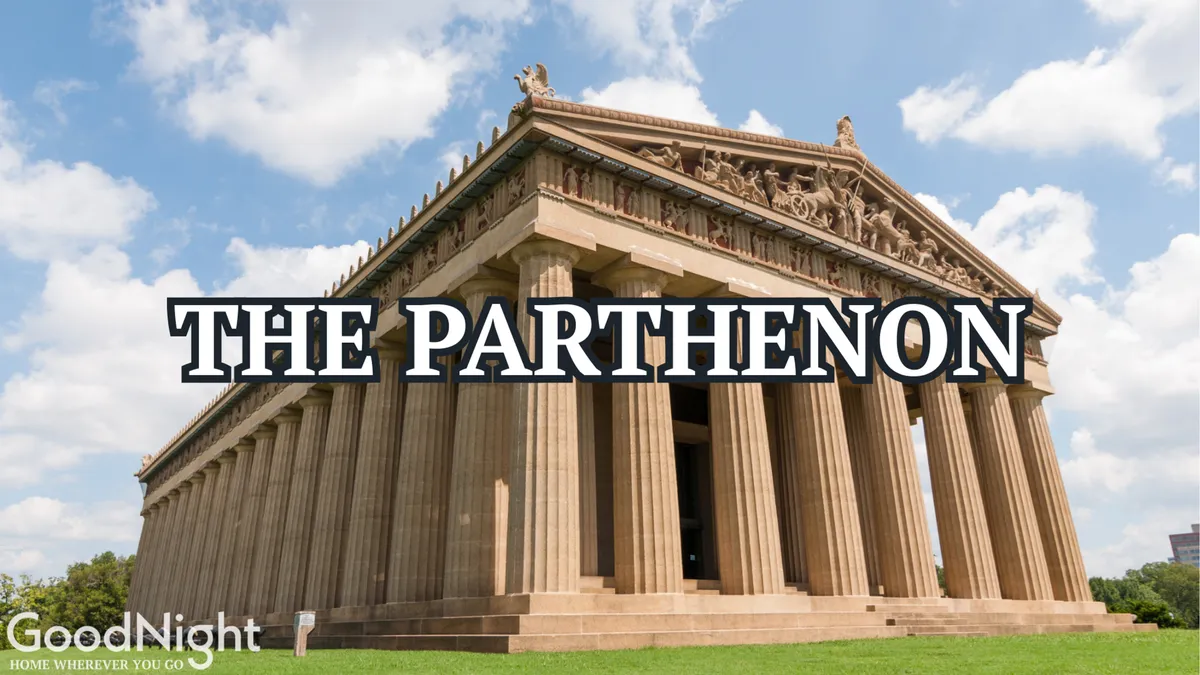 This image captures the iconic Parthenon structure in Centennial Park, showcasing its impressive columns and intricate sculptural details on the roof. The setting is outdoors, bathed in natural light, inviting visitors to tour the historical site, take photographs, and appreciate the grandeur of this local landmark.